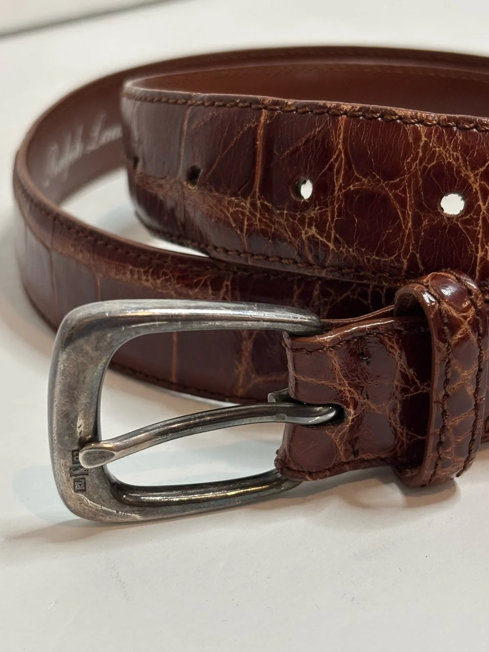 Ralph Lauren Vintage Genuine American Alligator Silver Buckle Belt 36